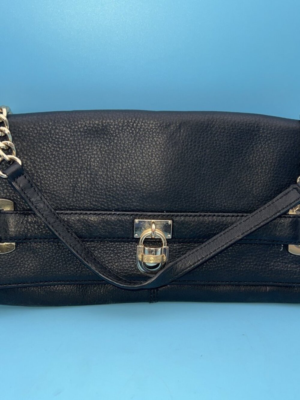Calvin Klein Black Leather "Gold" Purse Good Condition With Lock Hardware, Strap
